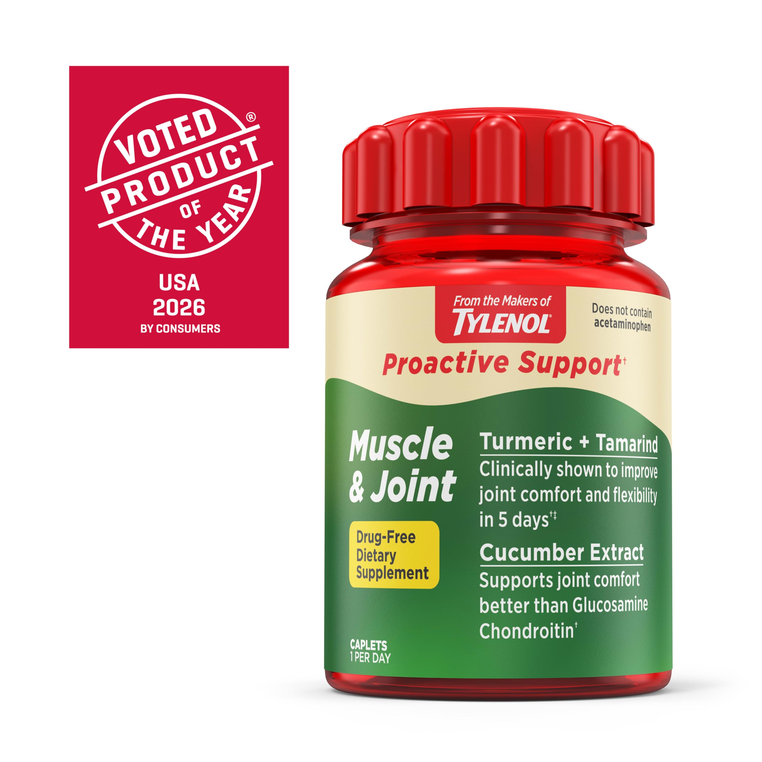 Side angle view of the Tylenol Proactive Support 30 count packaging detailing the drug free daily formula