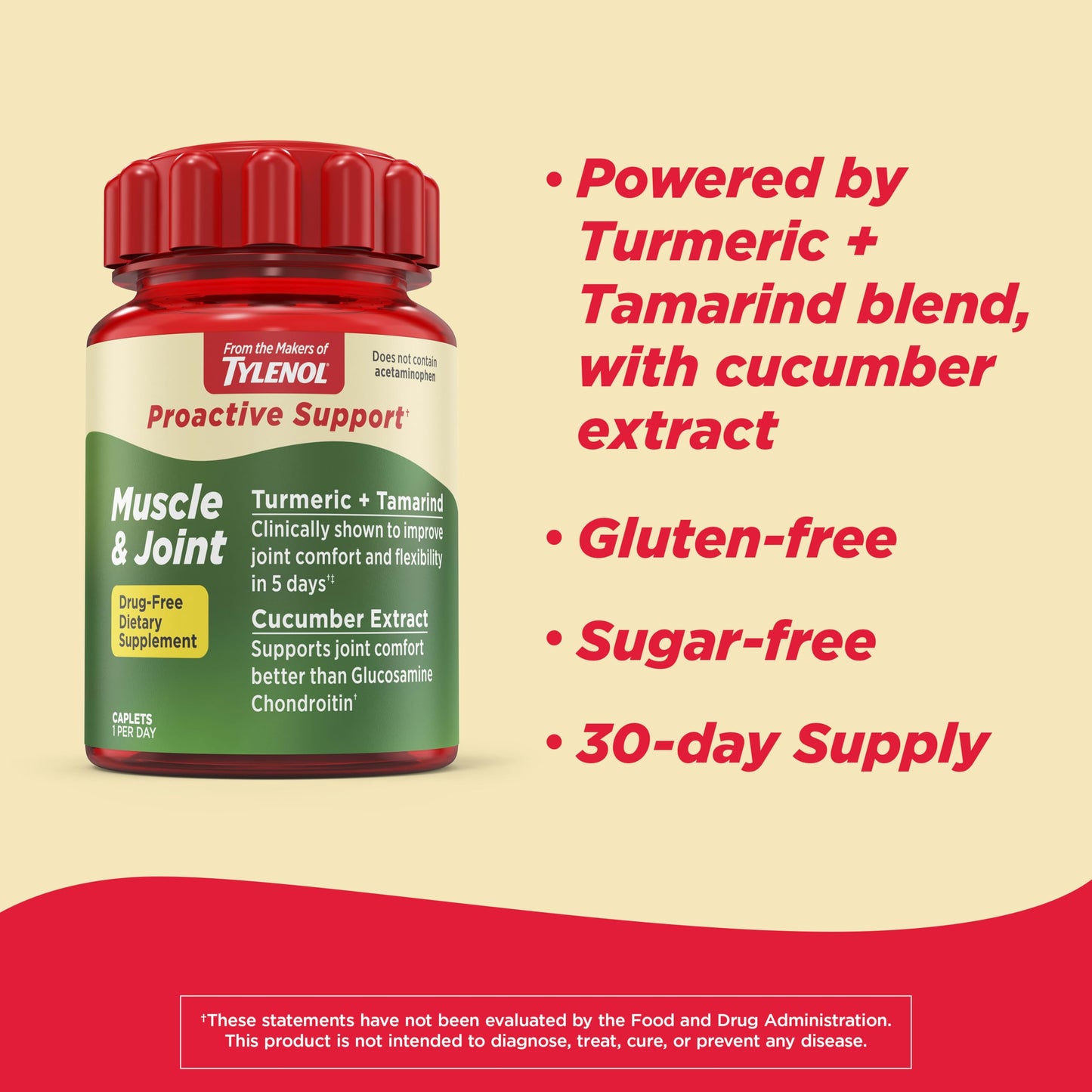 Back label of Tylenol Proactive Support showing the supplement facts including TamaFlex turmeric blend and cucumber extract