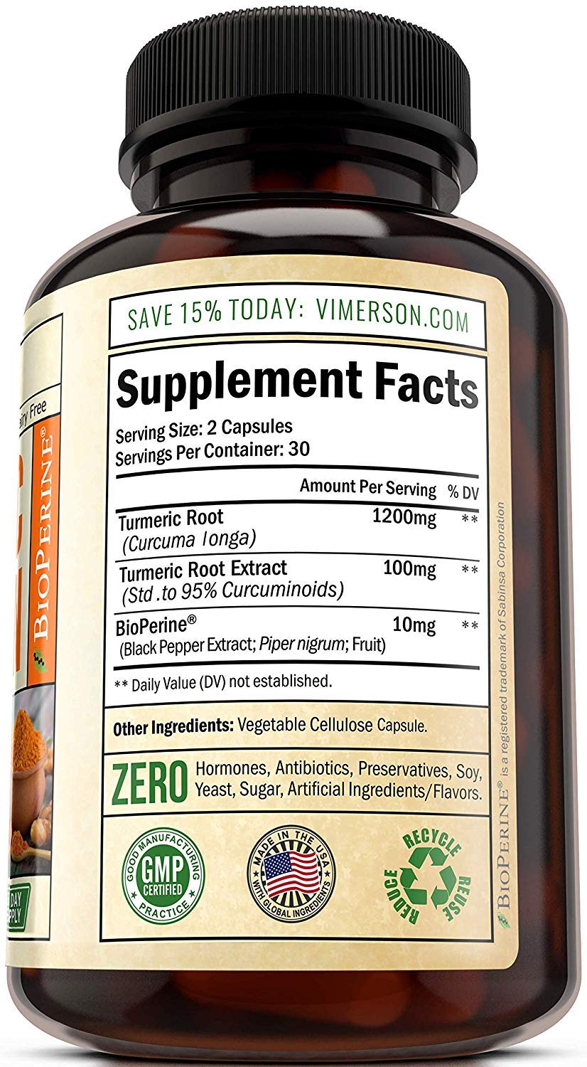 Vimerson Health Turmeric supplement nutrition facts label with organic turmeric and bioperine ingredients