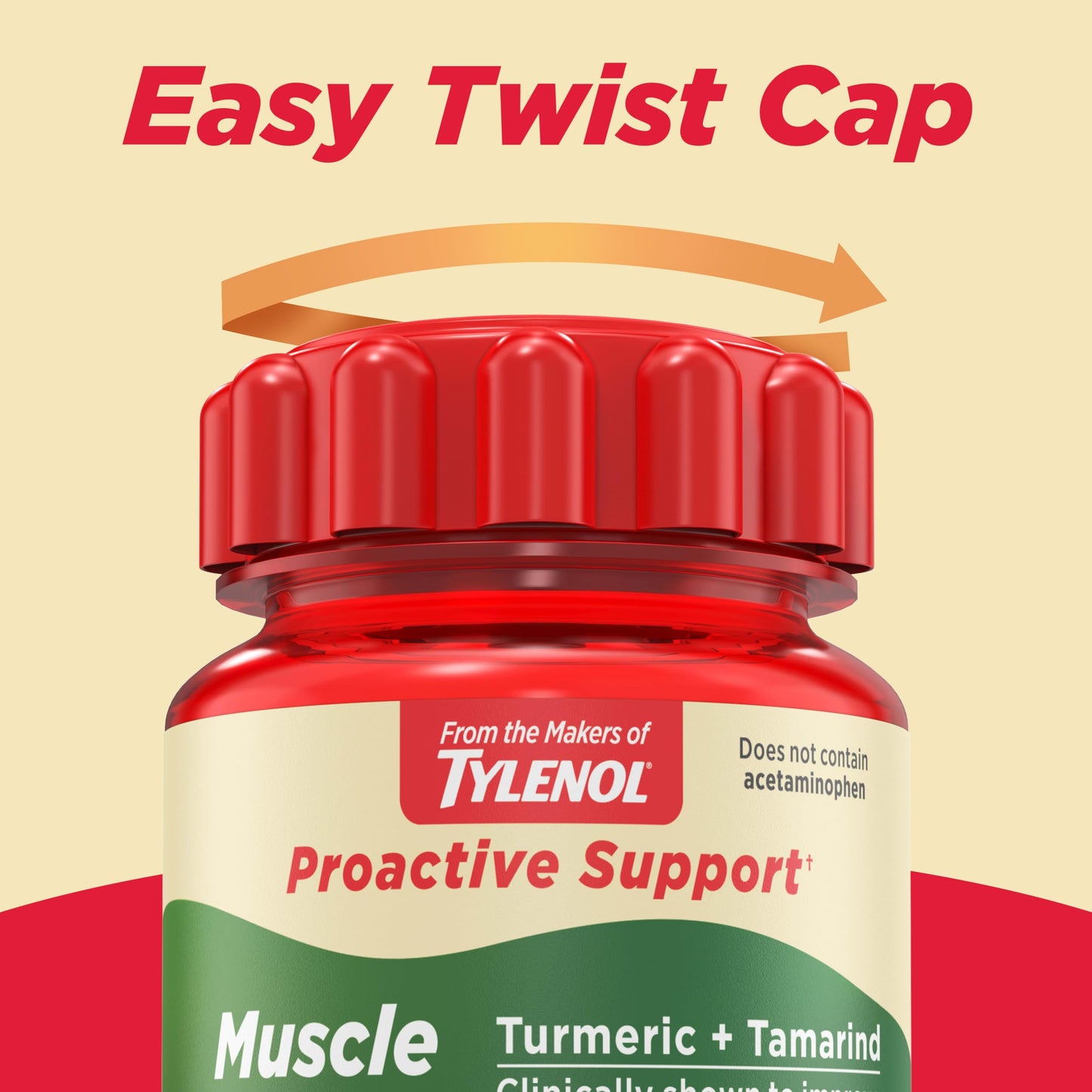 Top view of the secure safety cap and bottle design of Tylenol Proactive Support Joint flexibility daily caplets