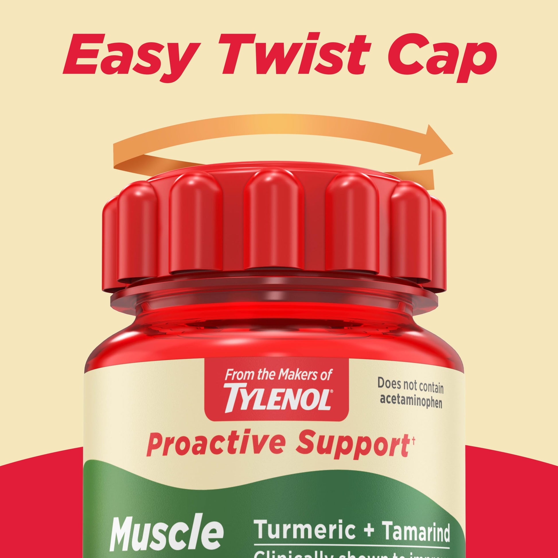 Top view of the secure safety cap and bottle design of Tylenol Proactive Support Joint flexibility daily caplets