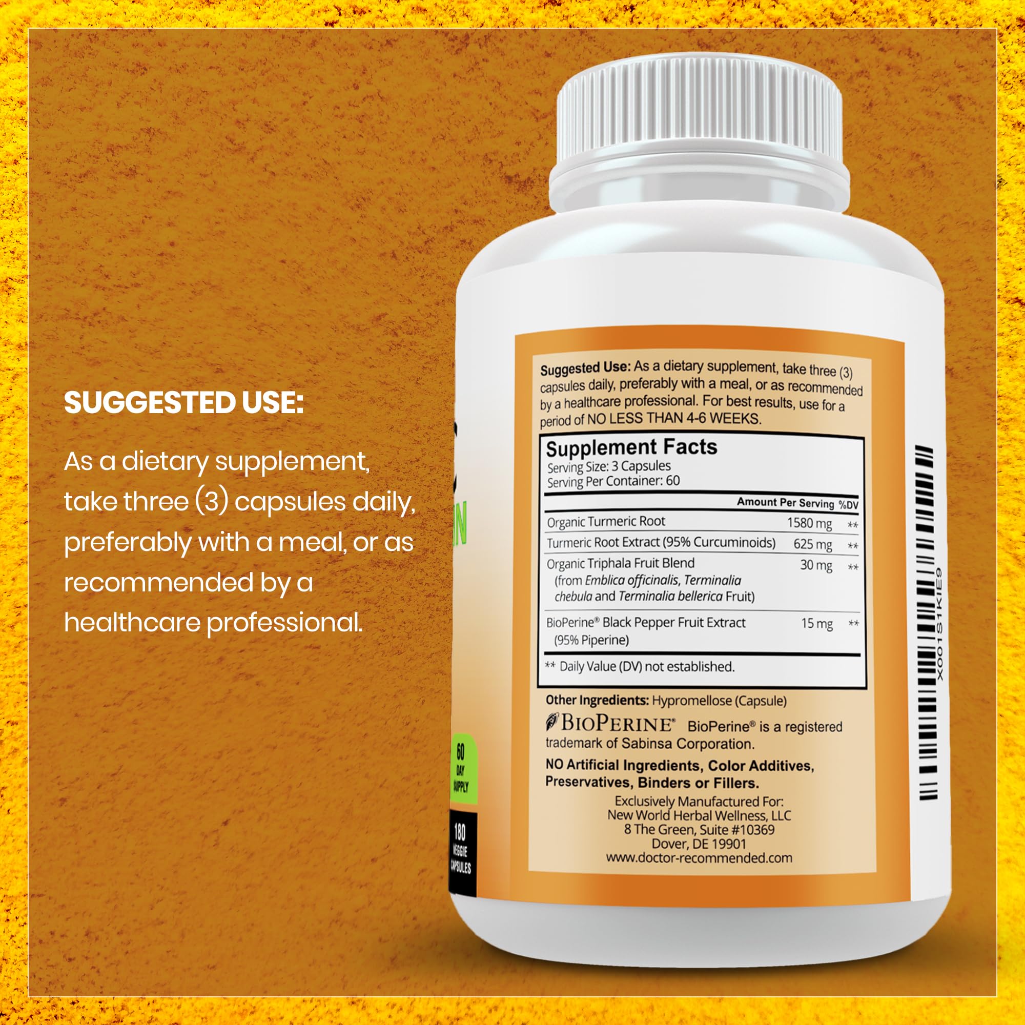 Doctor Recommended Supplements organic turmeric 95 percent standardized curcuminoids nutritional label