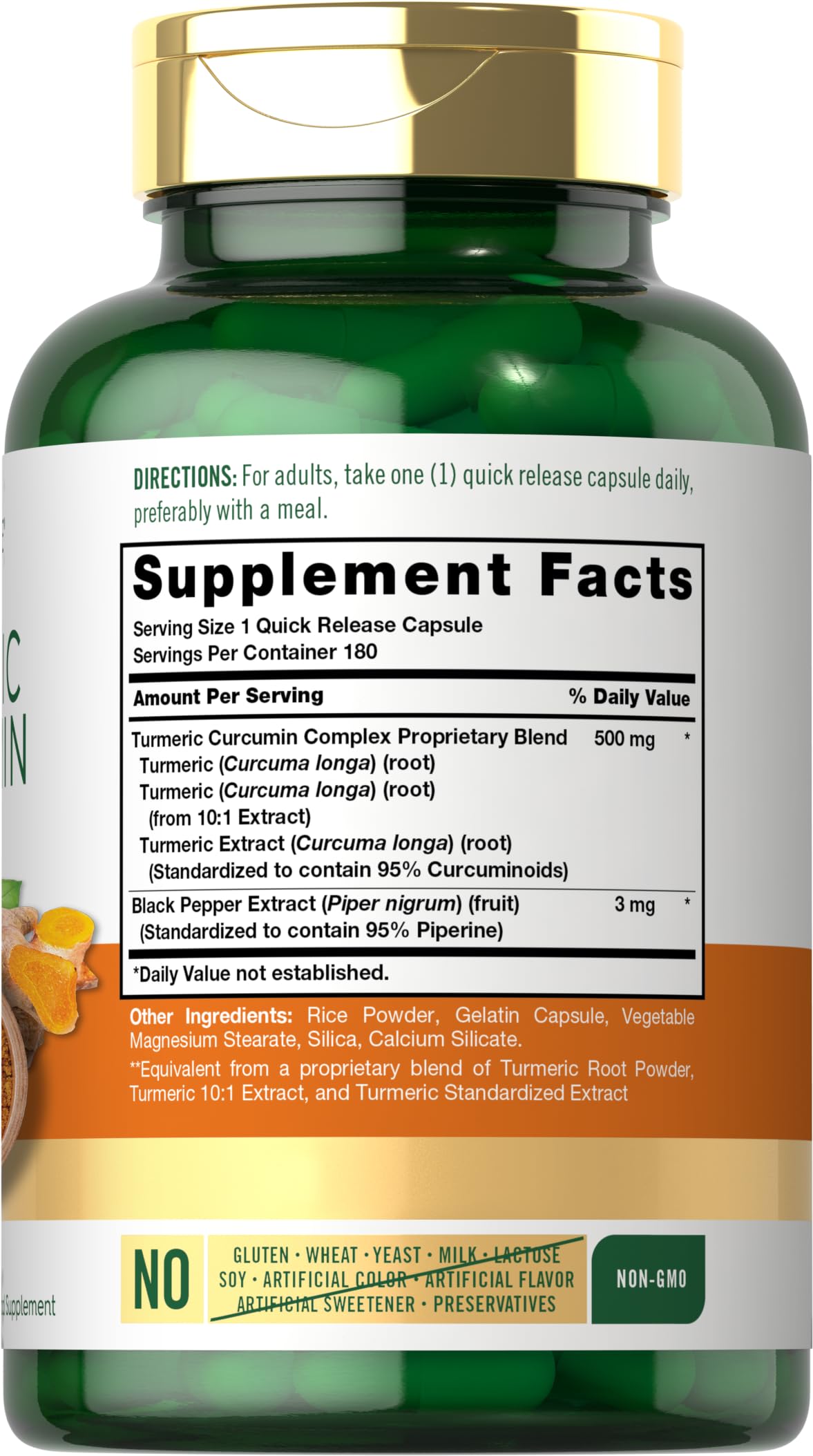 Carlyle herbal supplement bottle showing the supplement facts panel and non-GMO certification seal.