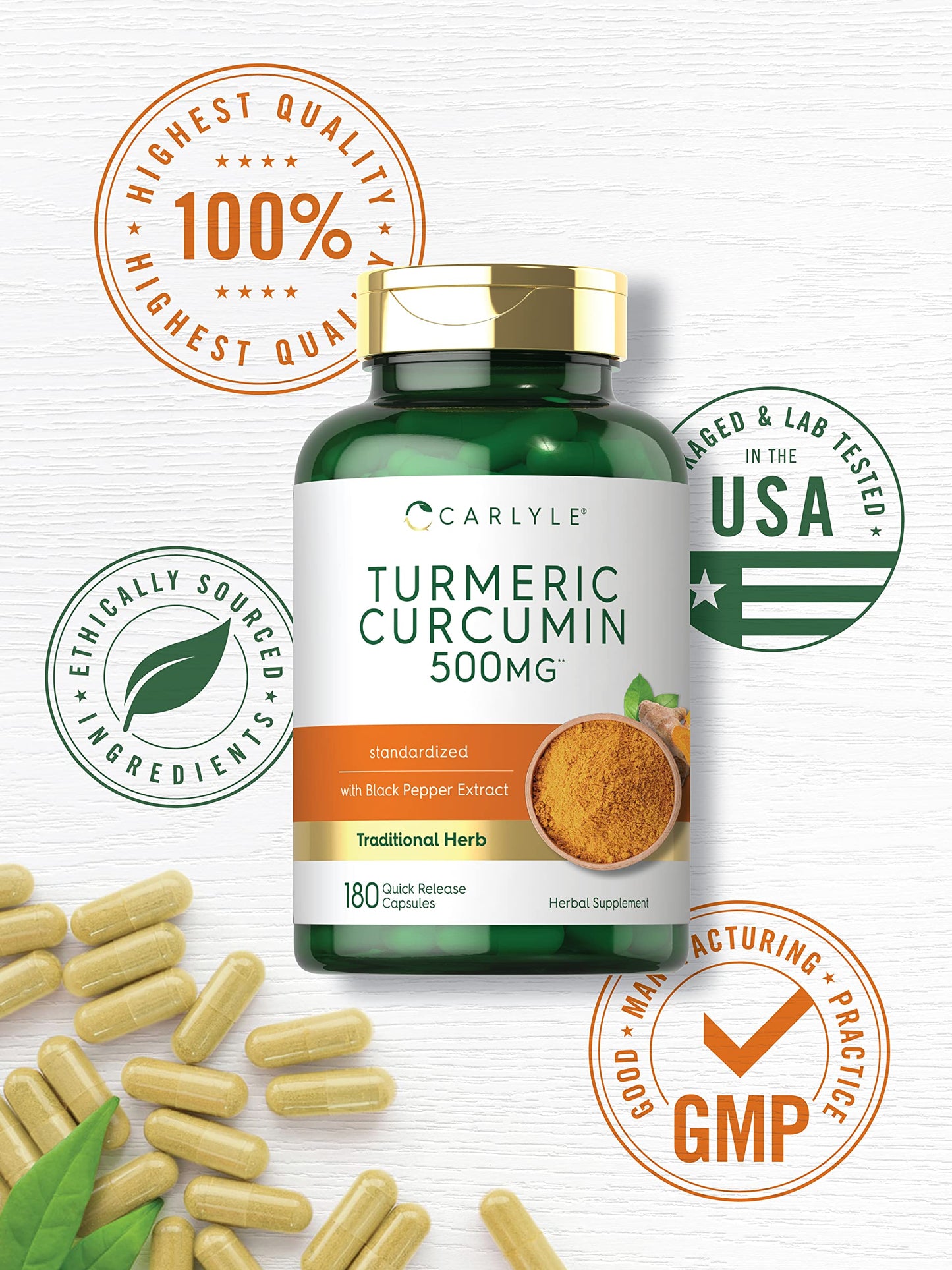 High-absorption turmeric capsules with piperine black pepper extract displayed on a clean wellness background.