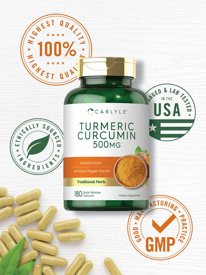 High-absorption turmeric capsules with piperine black pepper extract displayed on a clean wellness background.