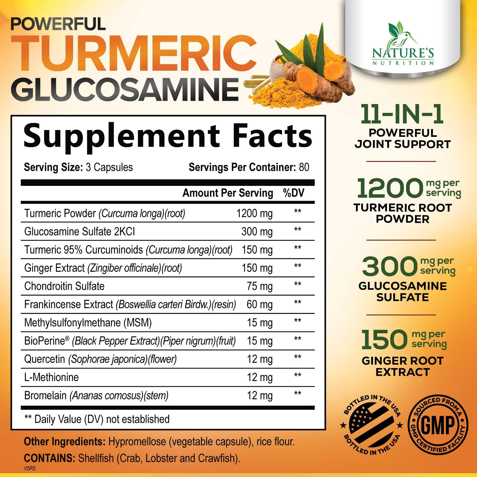Nature's Nutrition USA imported turmeric supplement bottle showing dietary facts and 95 percent standardized curcuminoids