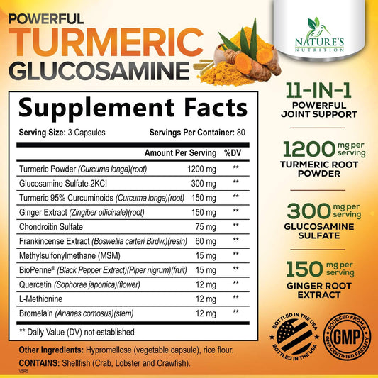 Nature's Nutrition USA imported turmeric supplement bottle showing dietary facts and 95 percent standardized curcuminoids