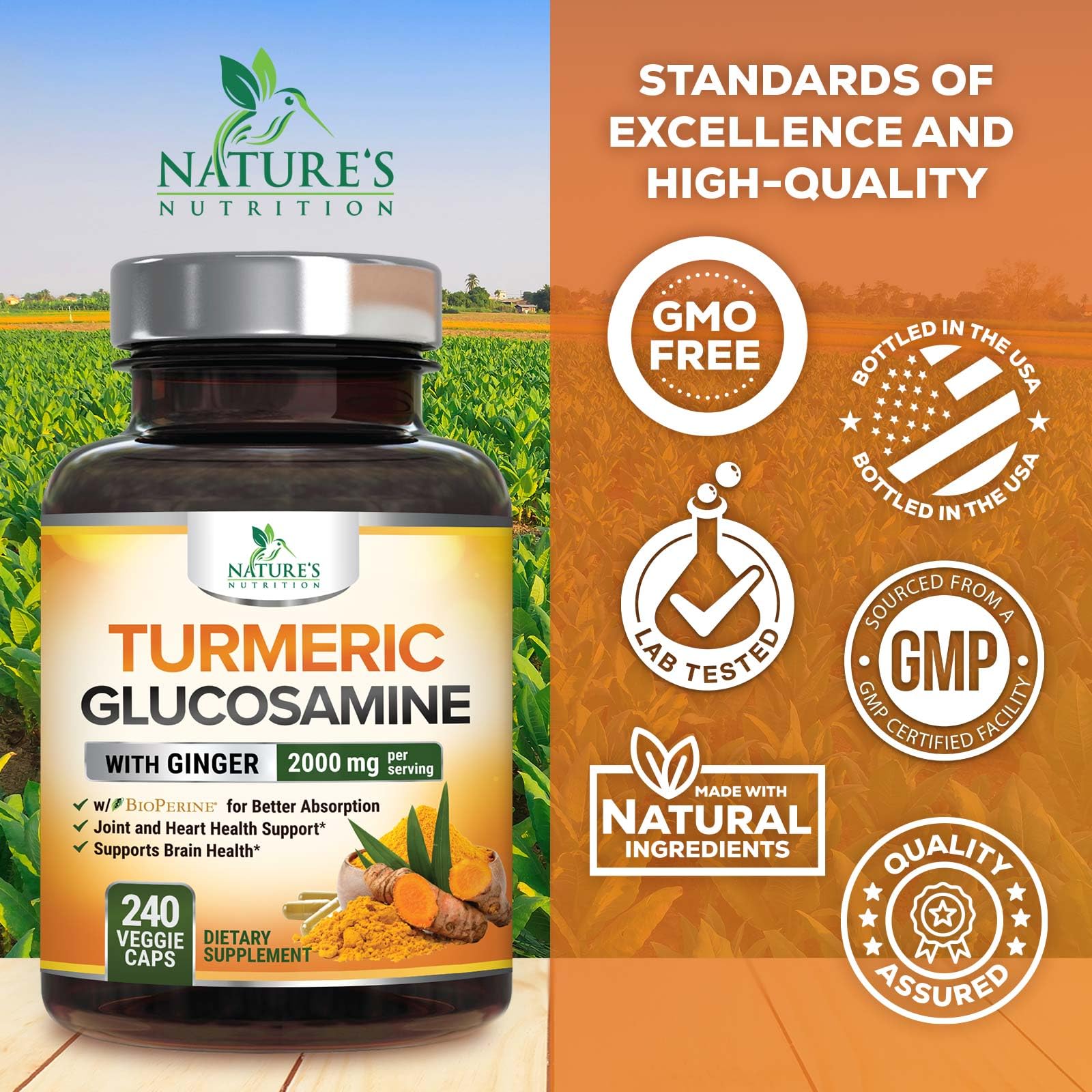 Side panel of Nature's Nutrition authentic turmeric curcumin bottle showing veggie capsule dosage instructions