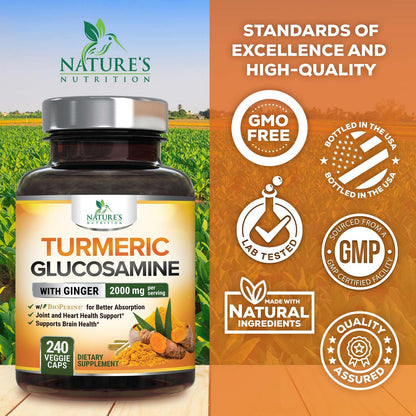 Side panel of Nature's Nutrition authentic turmeric curcumin bottle showing veggie capsule dosage instructions