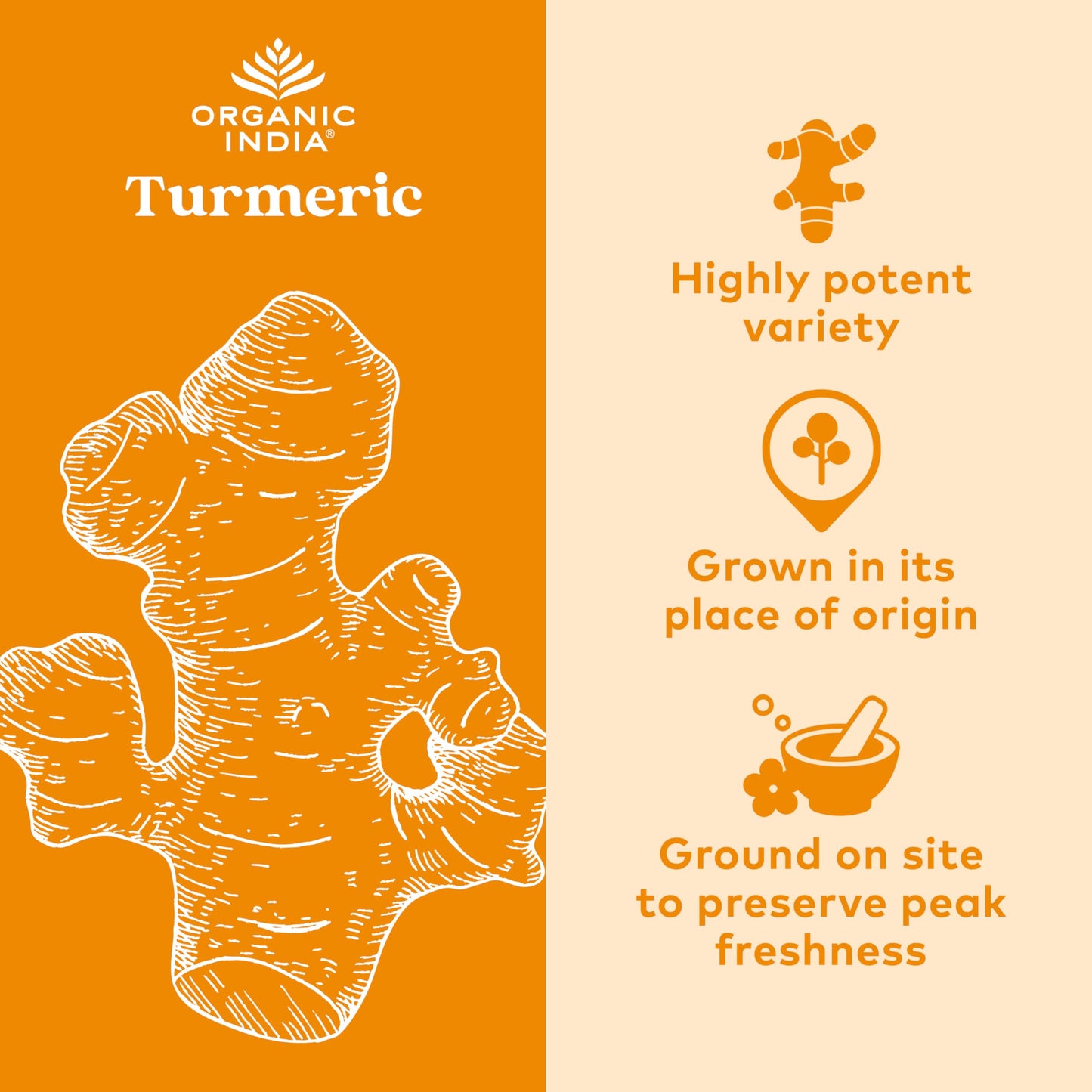 Organic India Turmeric Formula supplement bottle showing organic certifications