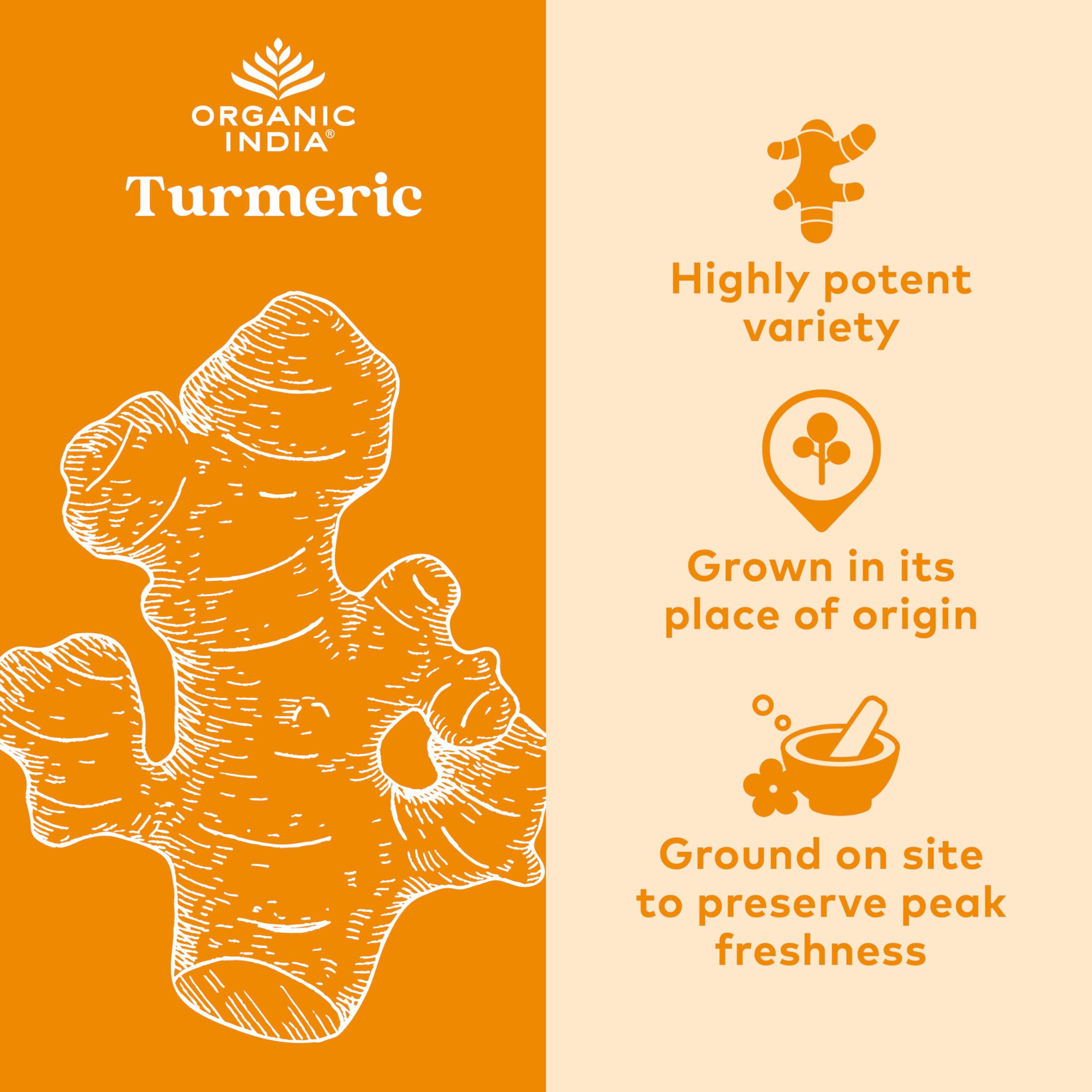 Organic India Turmeric Formula supplement bottle showing organic certifications