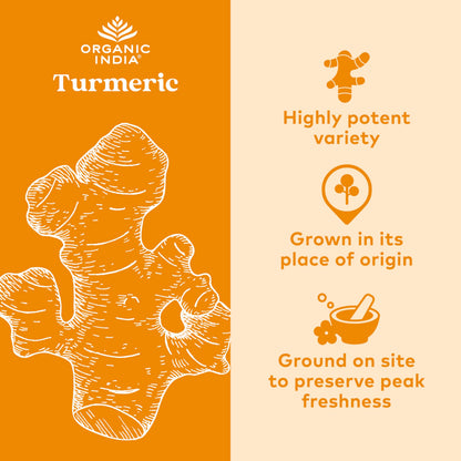 Organic India Turmeric Formula supplement bottle showing organic certifications