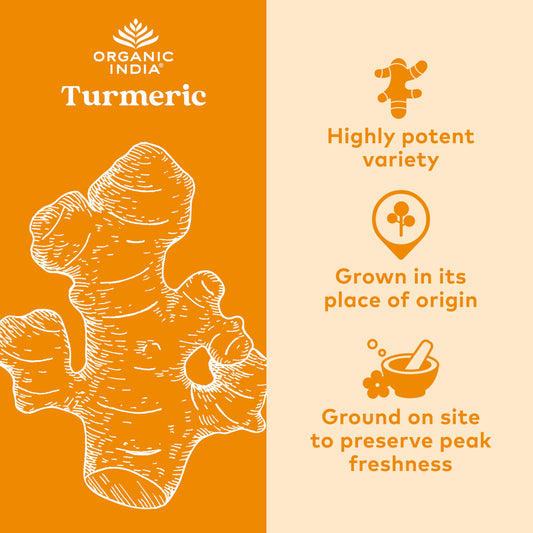 Organic India Turmeric Formula supplement bottle showing organic certifications