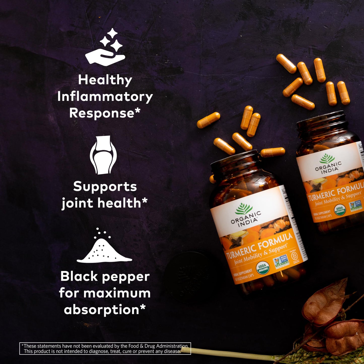 Organic India Turmeric Curcumin capsule supplement with Trikatu and ginger ingredients