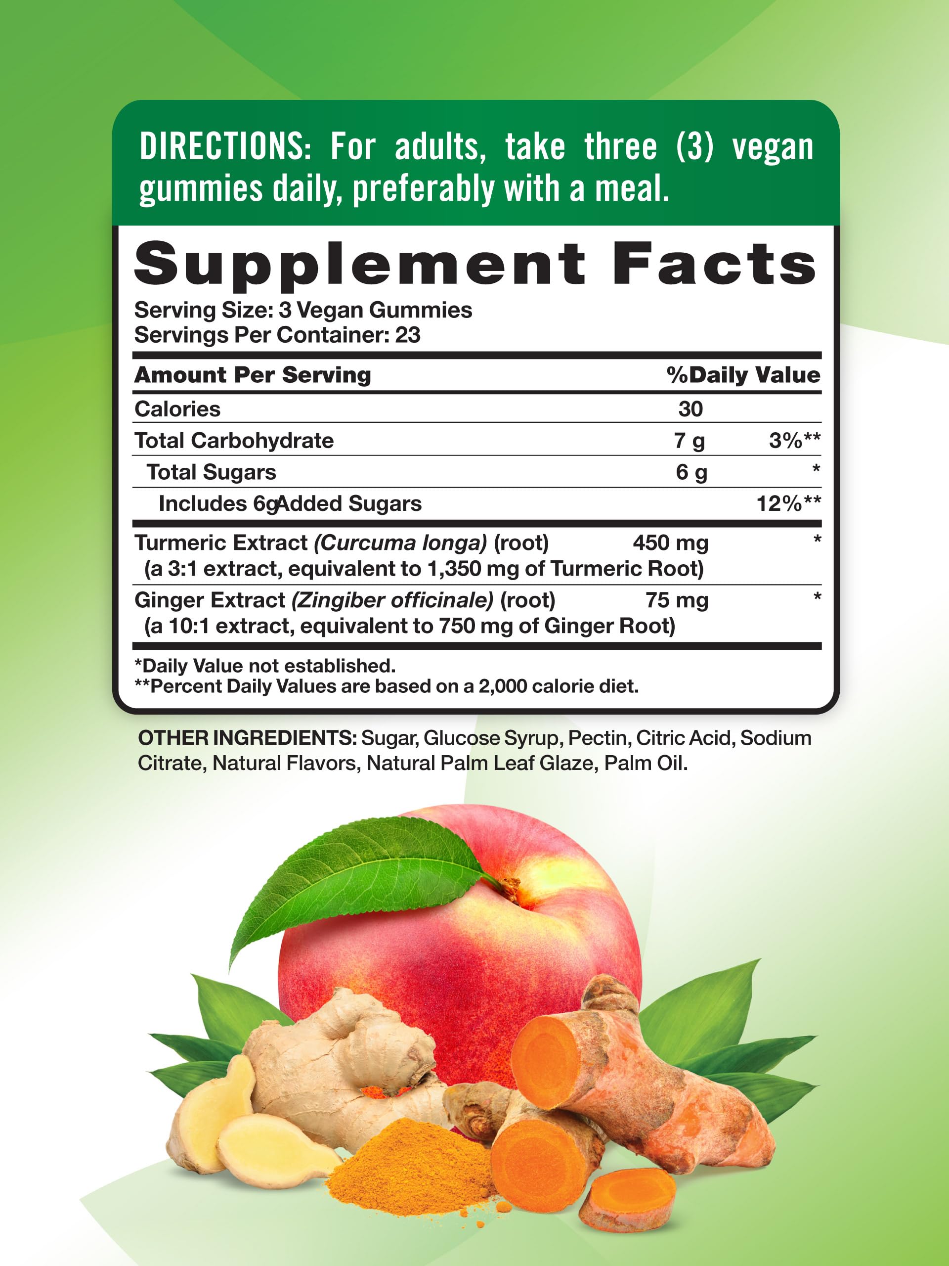 Nature's Truth Turmeric and Ginger vegan chewable supplements showcasing the natural peach flavor details.