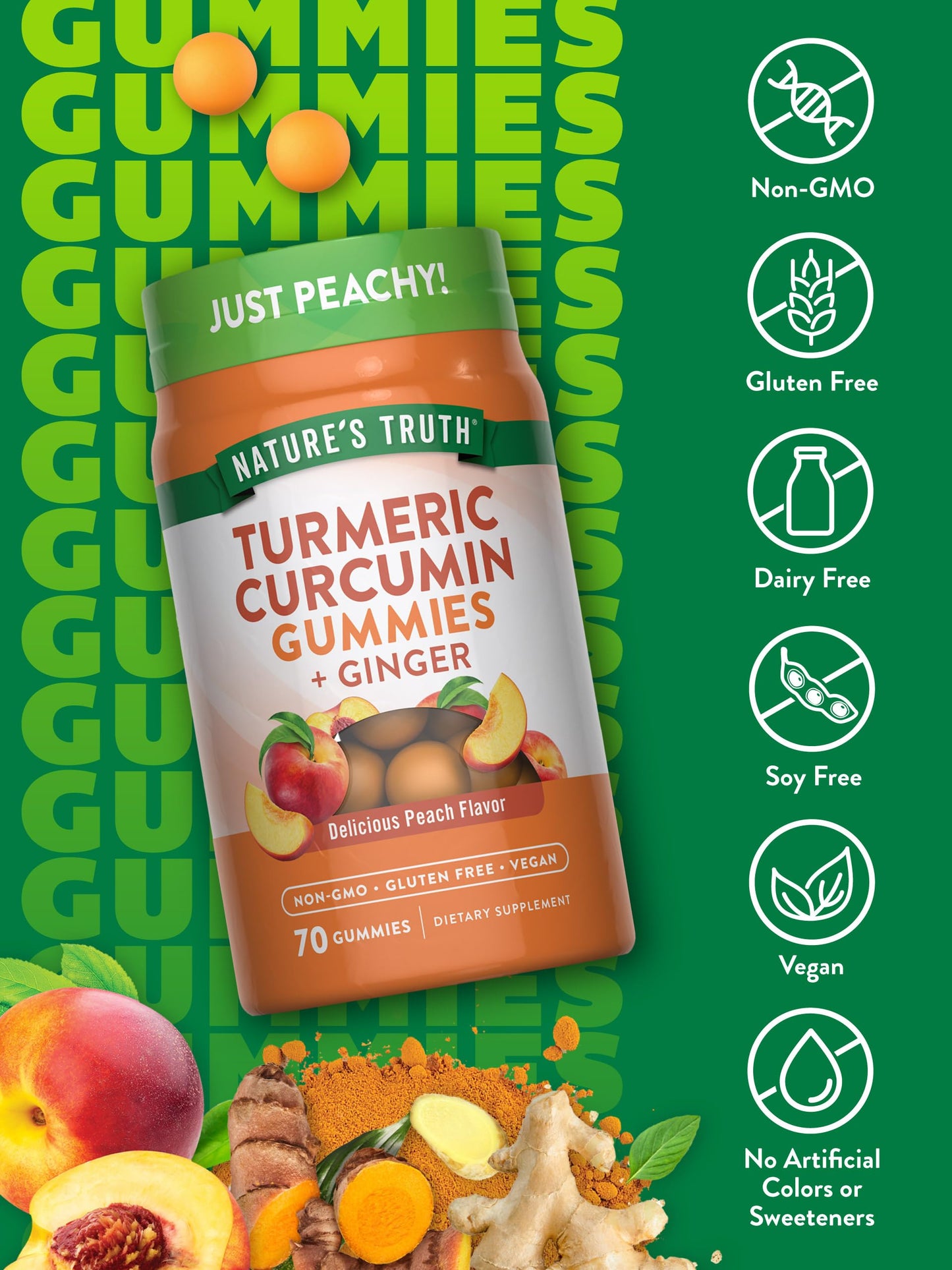 Side angle of Nature's Truth plant-based turmeric curcumin supplement bottle with non-GMO labels.