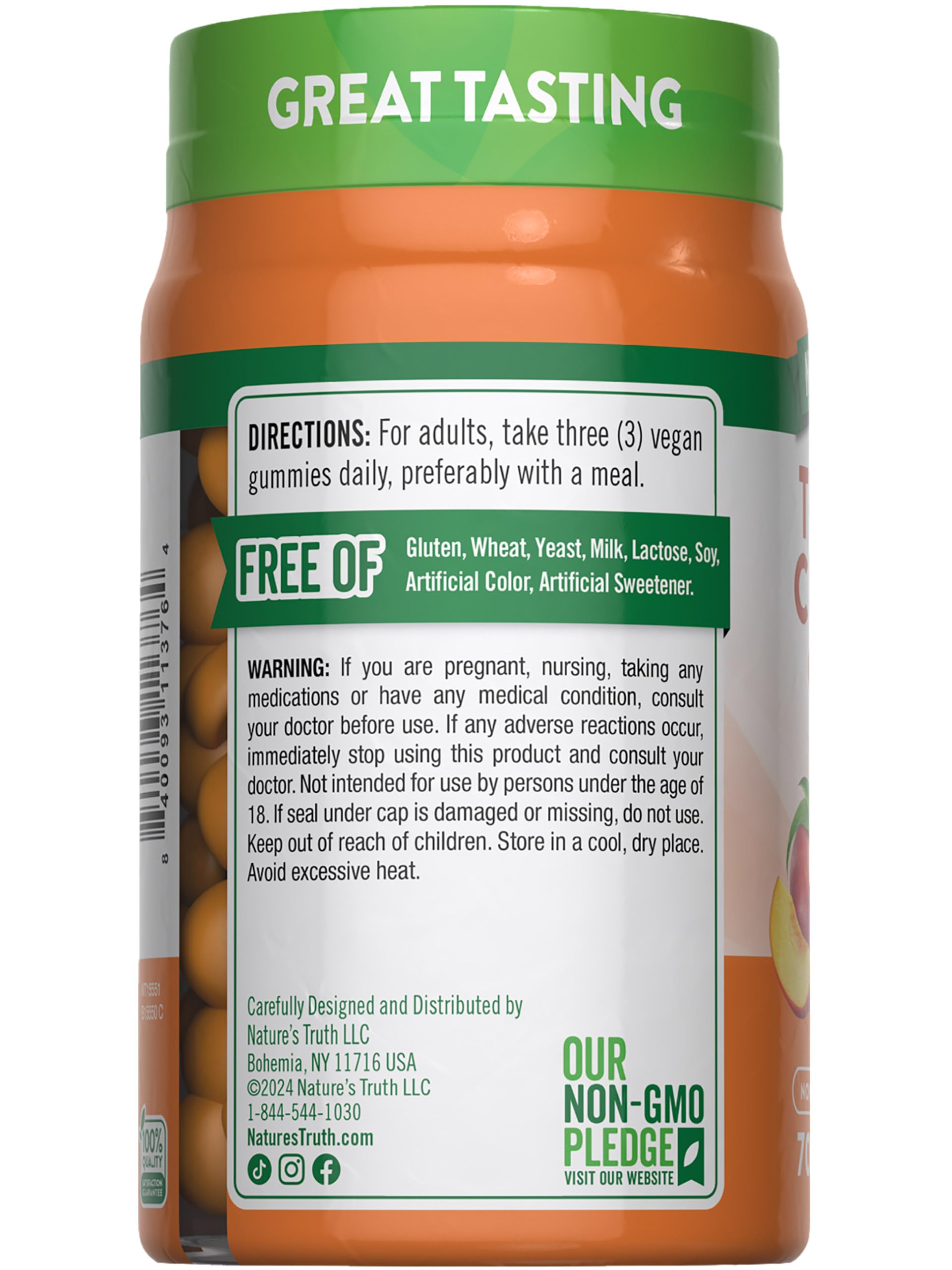 Nature's Truth daily herbal supplement bottle showcasing the allergen-free and plant-based pectin icons.