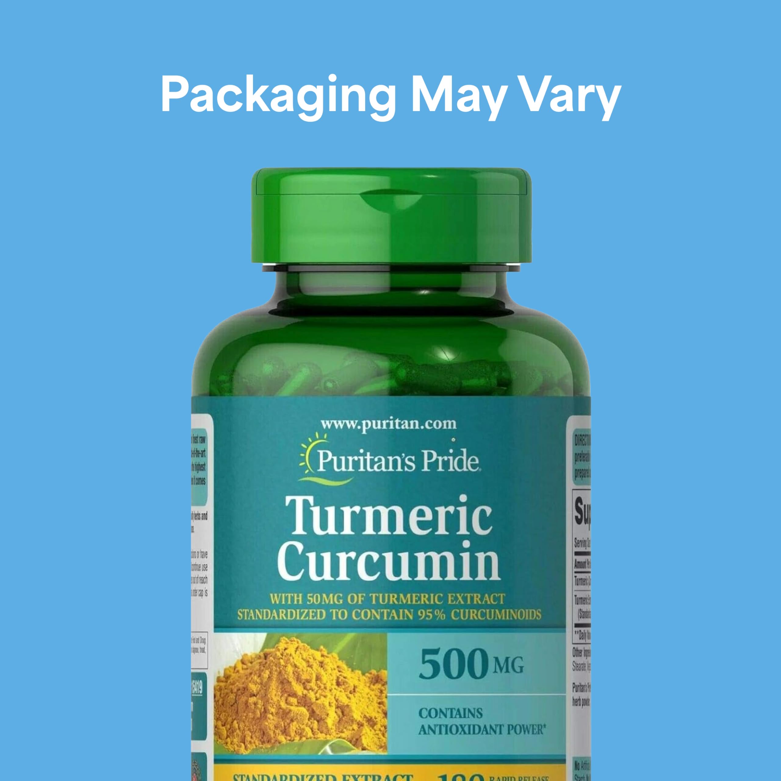 Side view of Puritan's Pride Turmeric Curcumin supplement bottle illustrating the detailed supplement facts panel and ingredient listing.