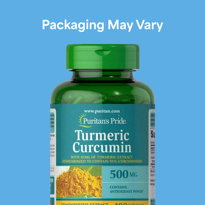 Side view of Puritan's Pride Turmeric Curcumin supplement bottle illustrating the detailed supplement facts panel and ingredient listing.