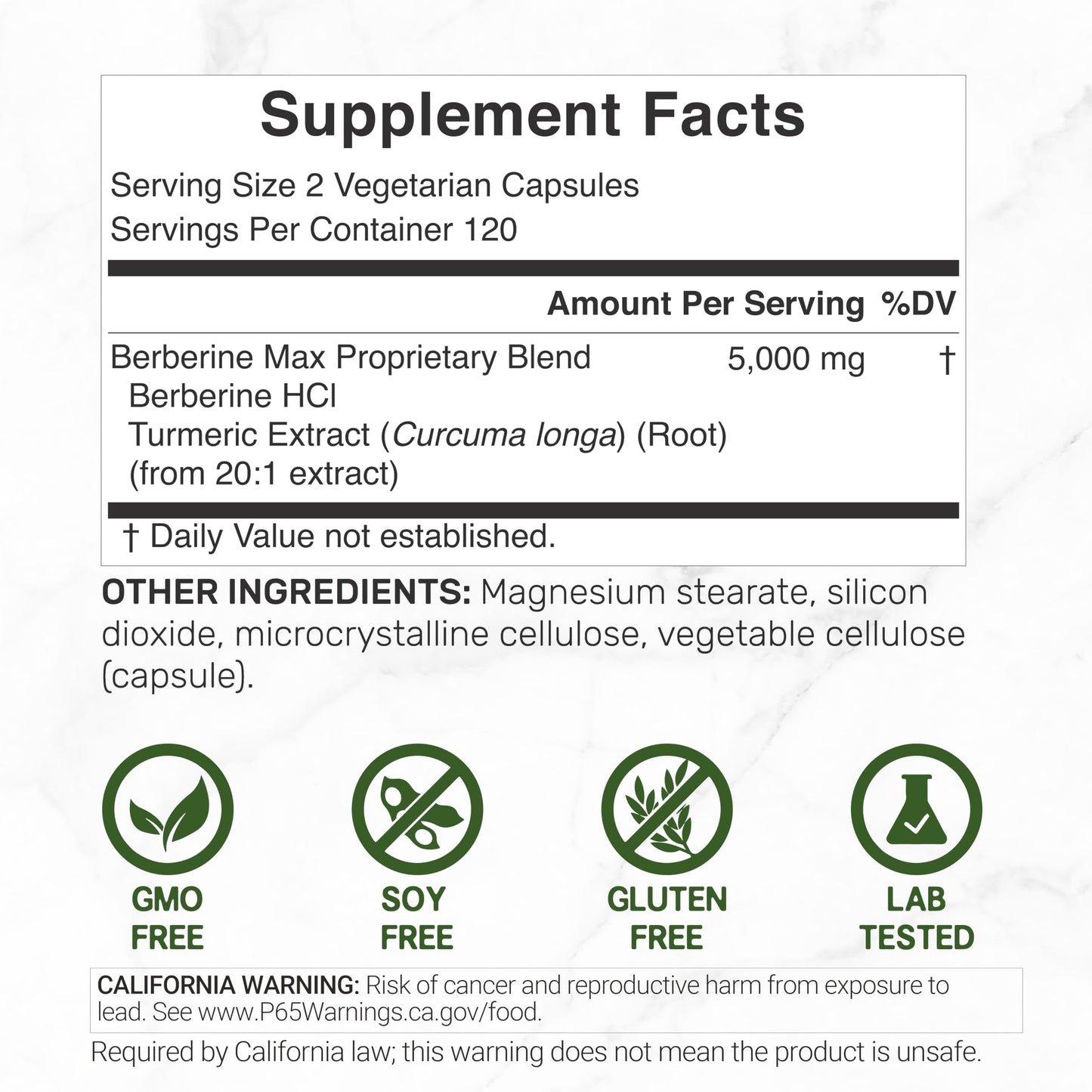 Deal Supplement Berberine Max dietary supplement showing product label facts and 5000mg blend ingredients.