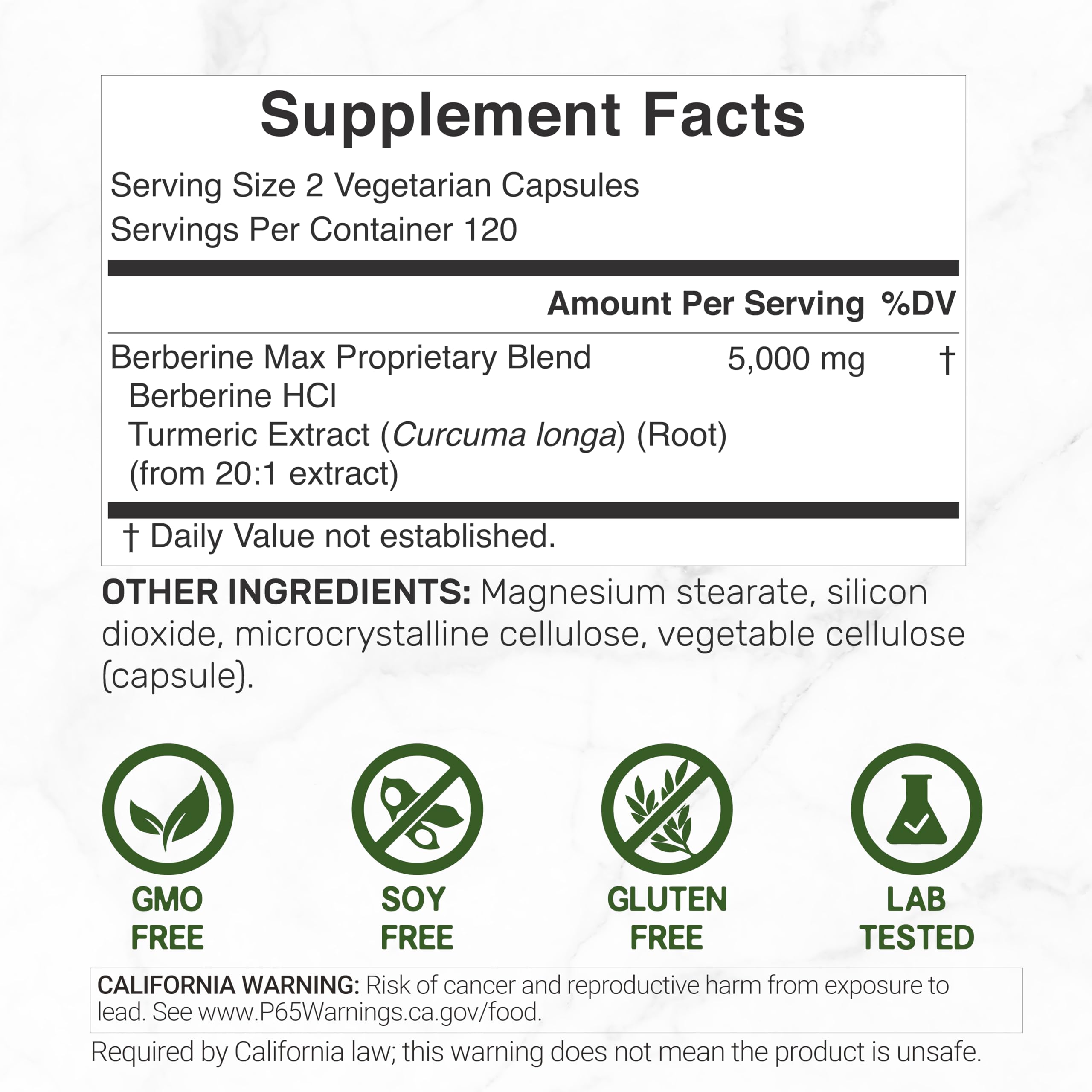 Deal Supplement Berberine Max dietary supplement showing product label facts and 5000mg blend ingredients.