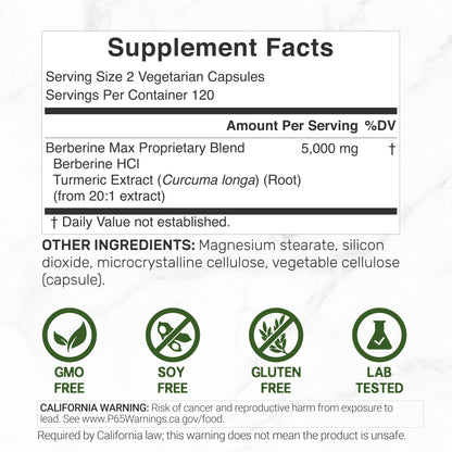 Deal Supplement Berberine Max dietary supplement showing product label facts and 5000mg blend ingredients.