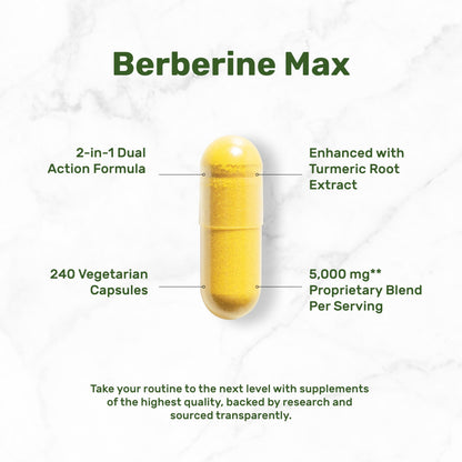 Side view of Deal Supplement Berberine Max vegetarian capsules bottle showcasing non-GMO and gluten-free seals.