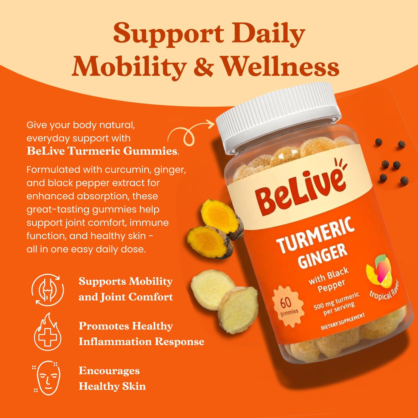 BeLive Turmeric Curcumin chewable vegan supplements bottle label details
