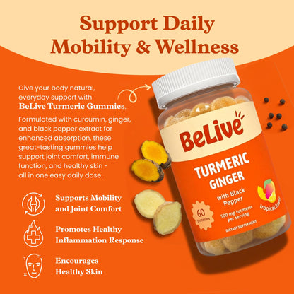 BeLive Turmeric Curcumin chewable vegan supplements bottle label details