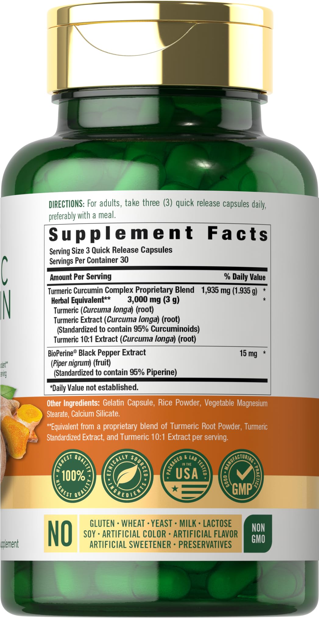 Carlyle Turmeric Curcumin with BioPerine dietary supplement back label displaying ingredients and proprietary blend details.
