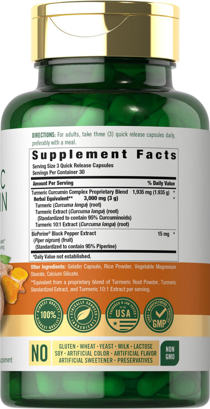 Carlyle Turmeric Curcumin with BioPerine dietary supplement back label displaying ingredients and proprietary blend details.
