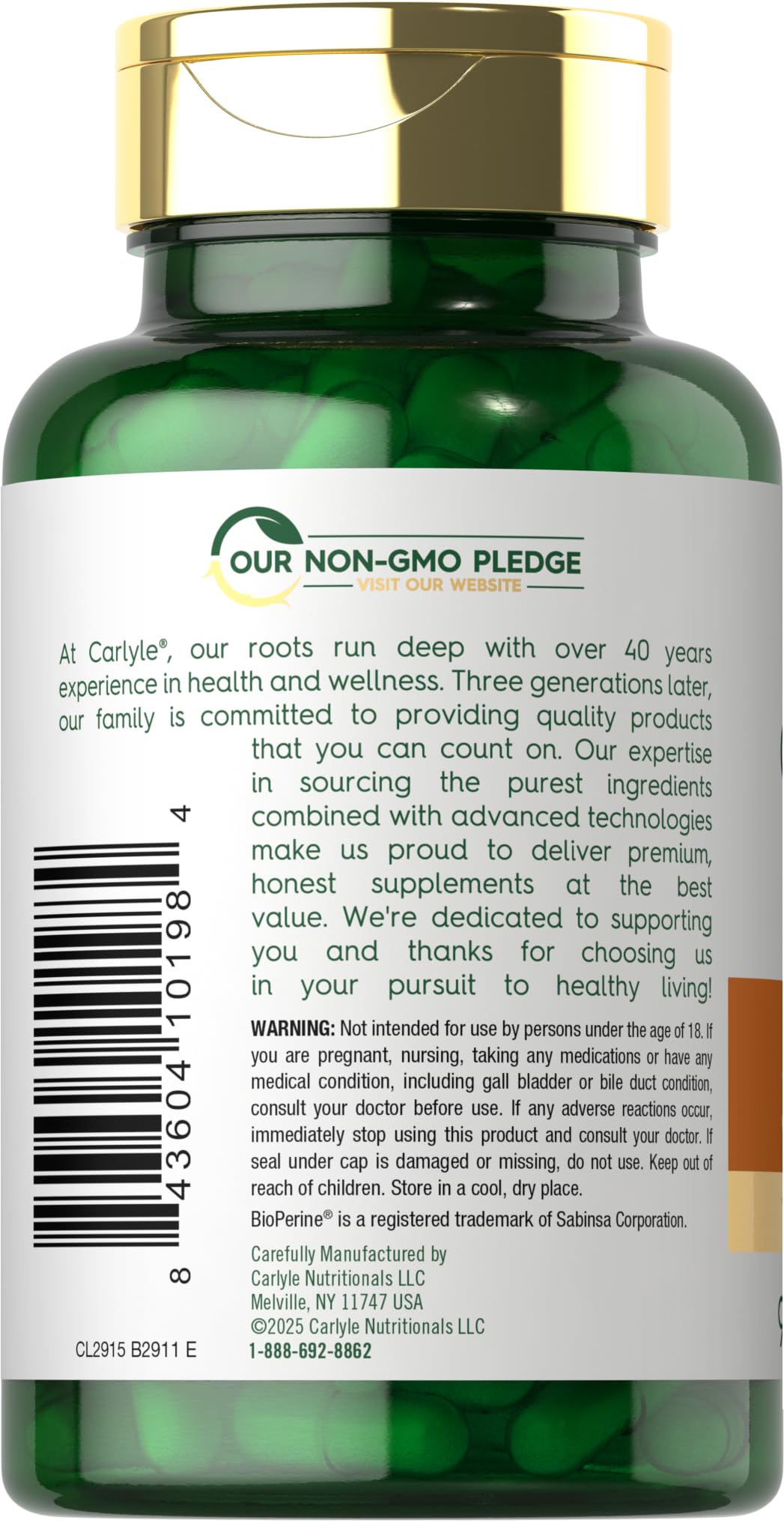 Side view of Carlyle Turmeric Curcumin joint support complex bottle illustrating non-GMO and gluten-free certifications.