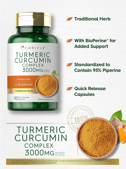 Three quick release powder capsules of Carlyle Turmeric Curcumin displayed next to the supplement bottle.