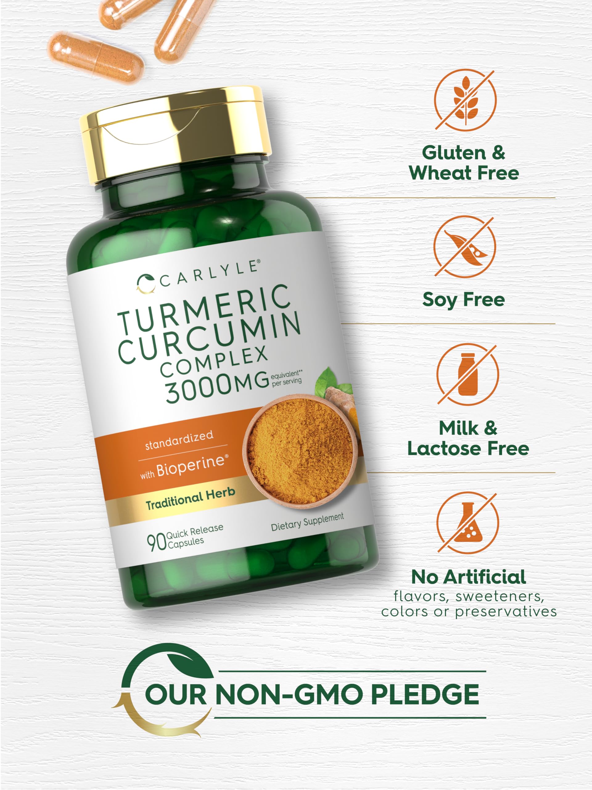 Close-up of Carlyle Turmeric Curcumin label highlighting ninety quick release capsules and superior absorption feature.
