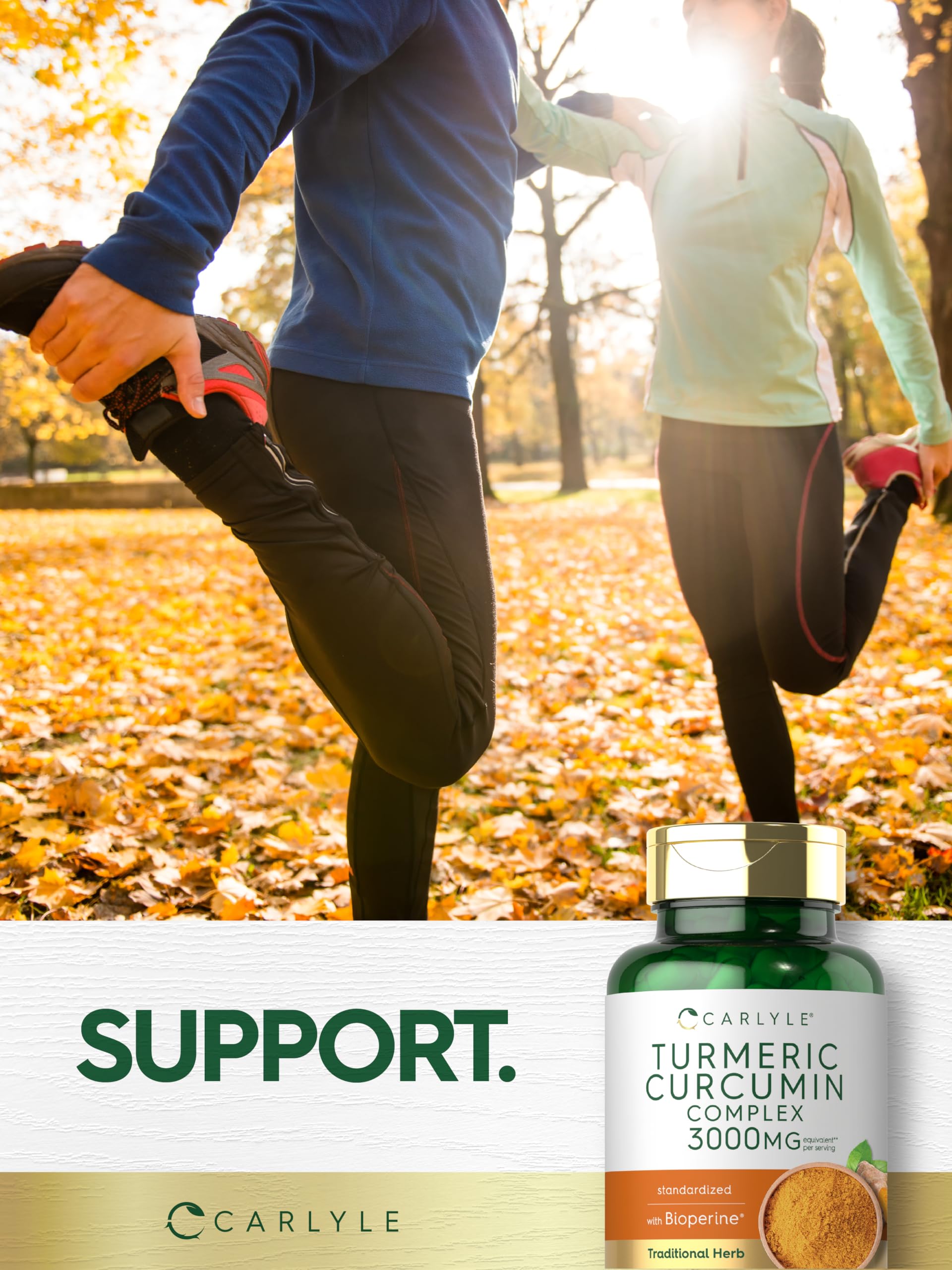 Carlyle Turmeric Curcumin bottle showing laboratory tested and trusted ingredients seal for quality assurance.