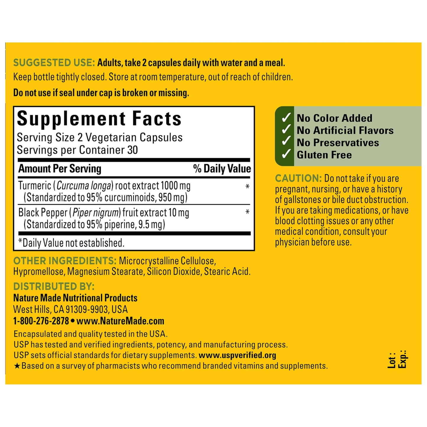 Nature Made Turmeric Curcumin ninety five percent curcuminoids certification label