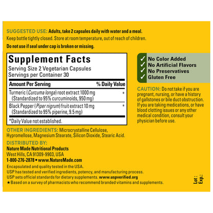 Nature Made Turmeric Curcumin ninety five percent curcuminoids certification label
