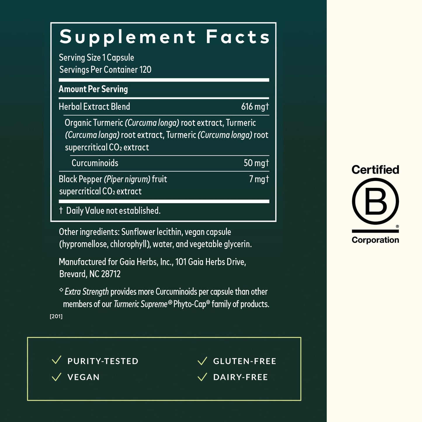 Gaia Herbs Turmeric Supreme organic curcumin joint support capsules side bottle view