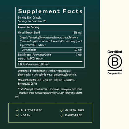 Gaia Herbs Turmeric Supreme organic curcumin joint support capsules side bottle view