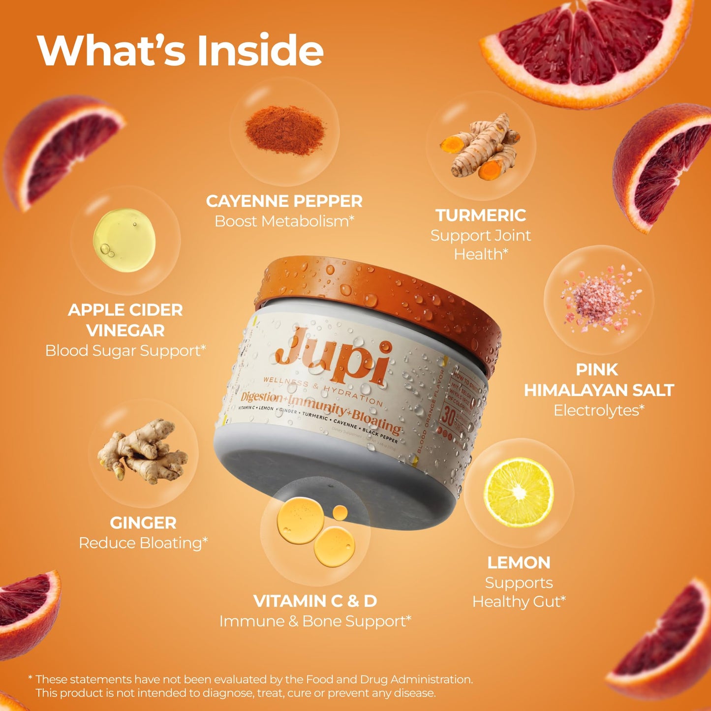 Jupi turmeric ginger shots supplement jar showing nutrition facts label