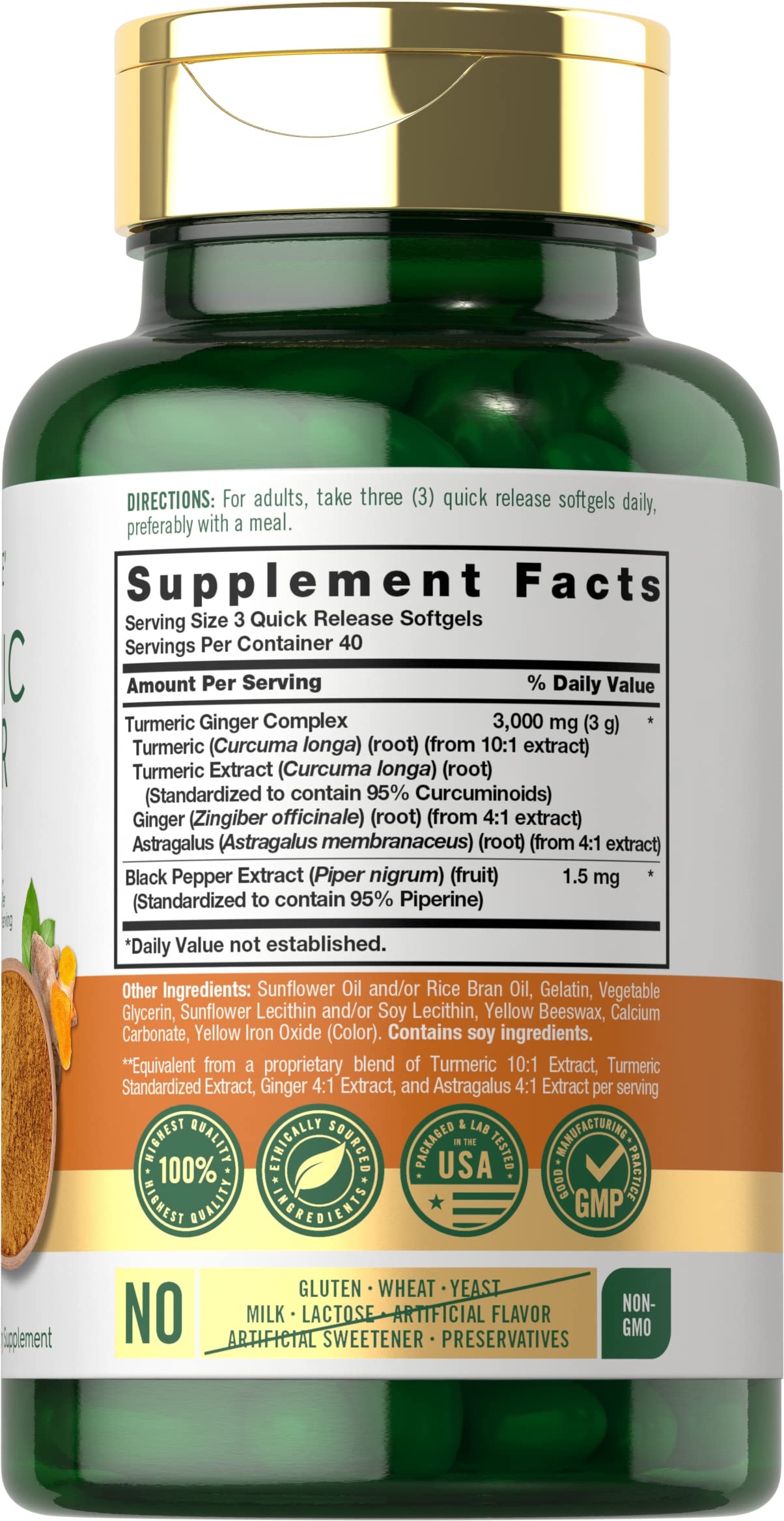 Carlyle Turmeric Ginger Complex 3000mg dietary supplement bottle detailing herbal extract ingredients