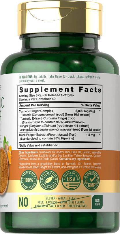 Carlyle Turmeric Ginger Complex 3000mg dietary supplement bottle detailing herbal extract ingredients