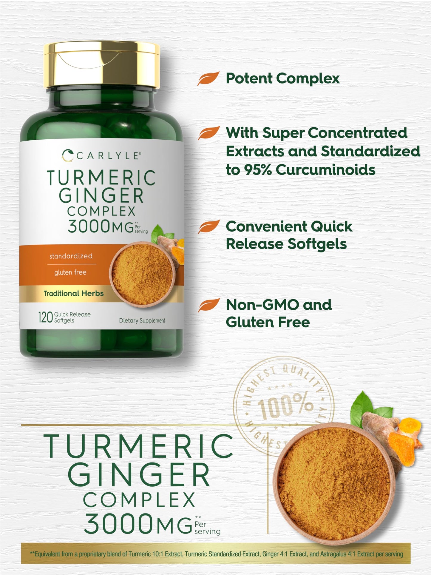 Back label of Carlyle Turmeric and Ginger capsules showing serving size and directions for use