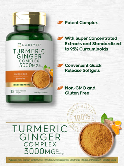 Back label of Carlyle Turmeric and Ginger capsules showing serving size and directions for use