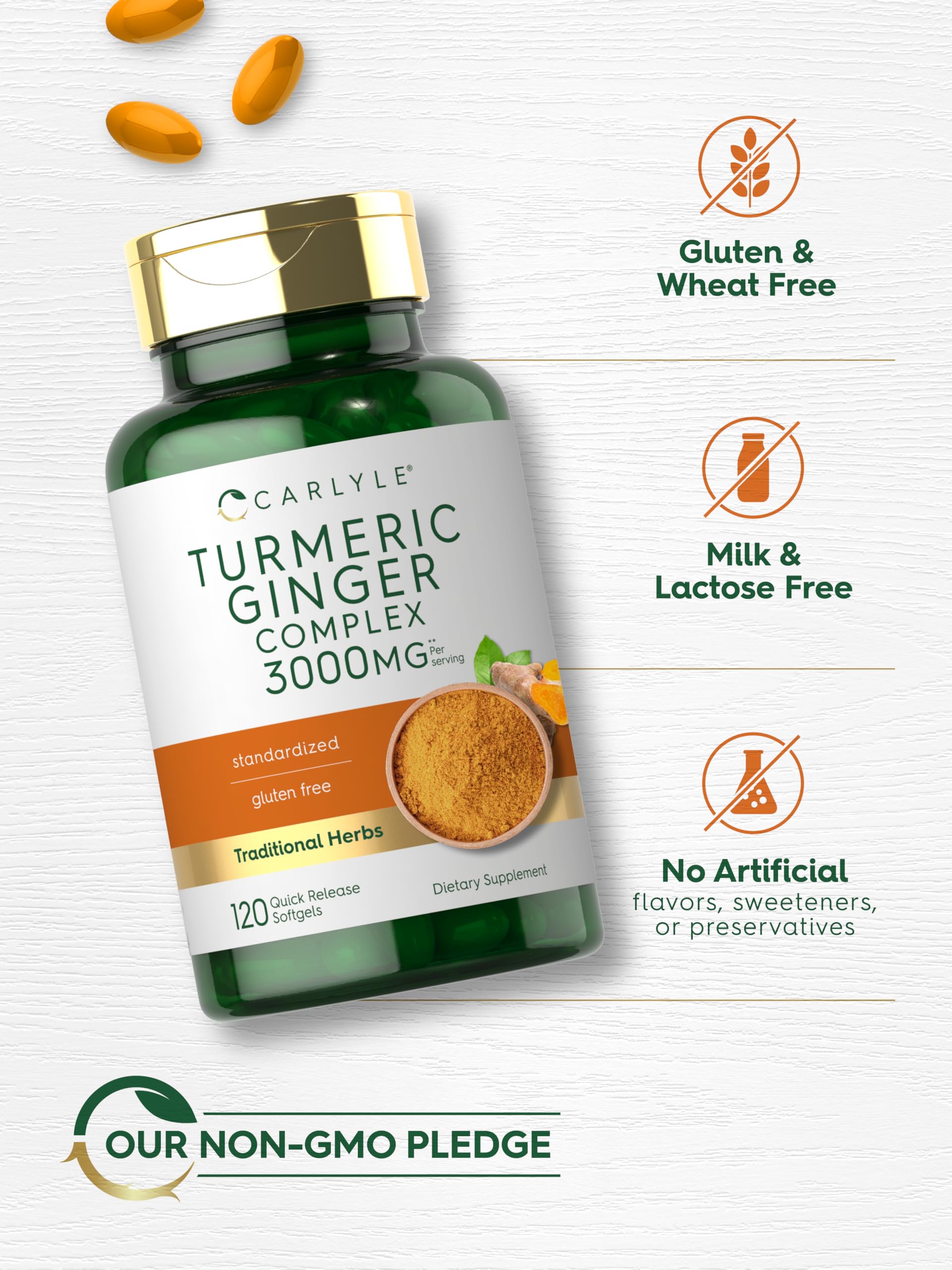 Quick release orange softgels of Carlyle Turmeric and Ginger with black pepper extract