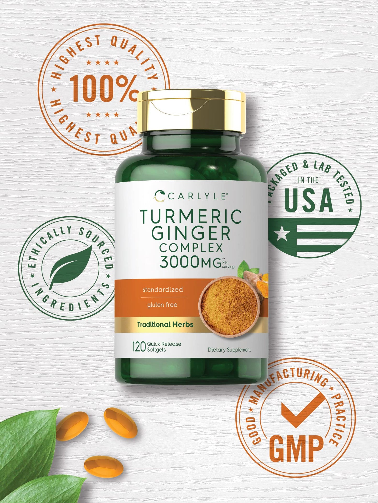 Carlyle Turmeric and Ginger Complex 120 softgels packaging showcasing gluten free and non GMO labels