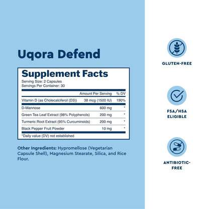 Uqora Defend biofilm cleansing daily bladder support capsules side view