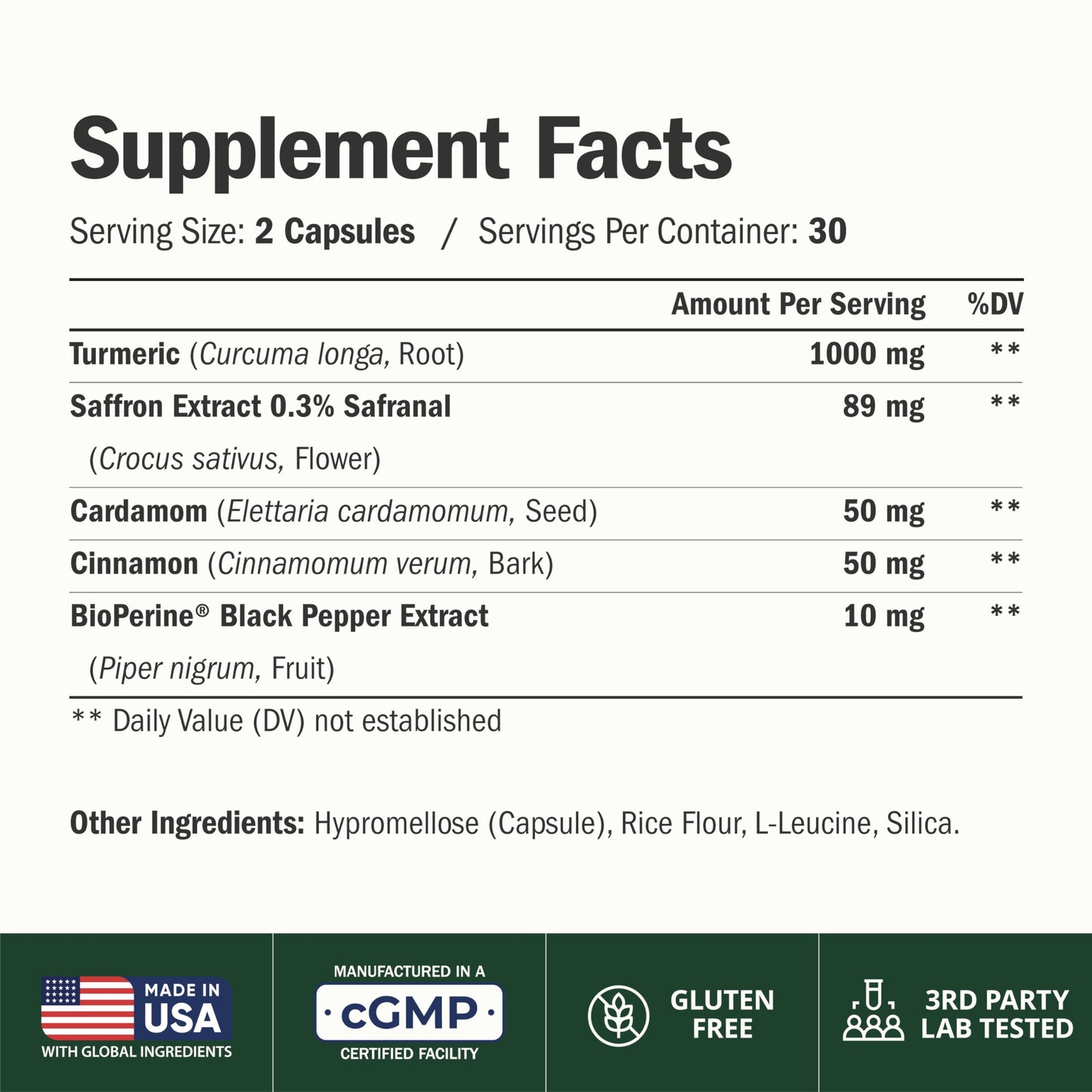Vimerson Health Saffron and Turmeric supplement supplement facts label showing ingredients and dosage