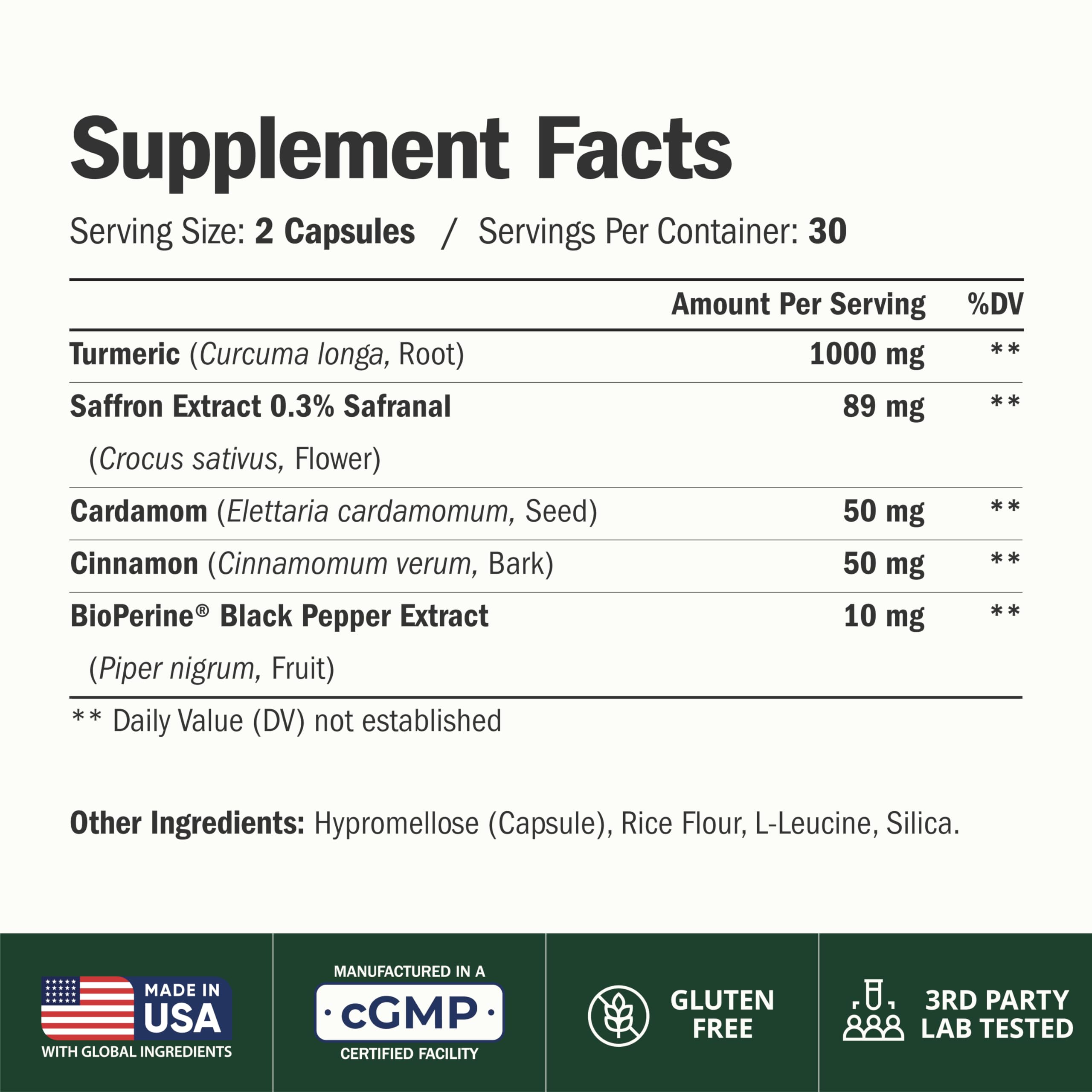 Vimerson Health Saffron and Turmeric supplement supplement facts label showing ingredients and dosage