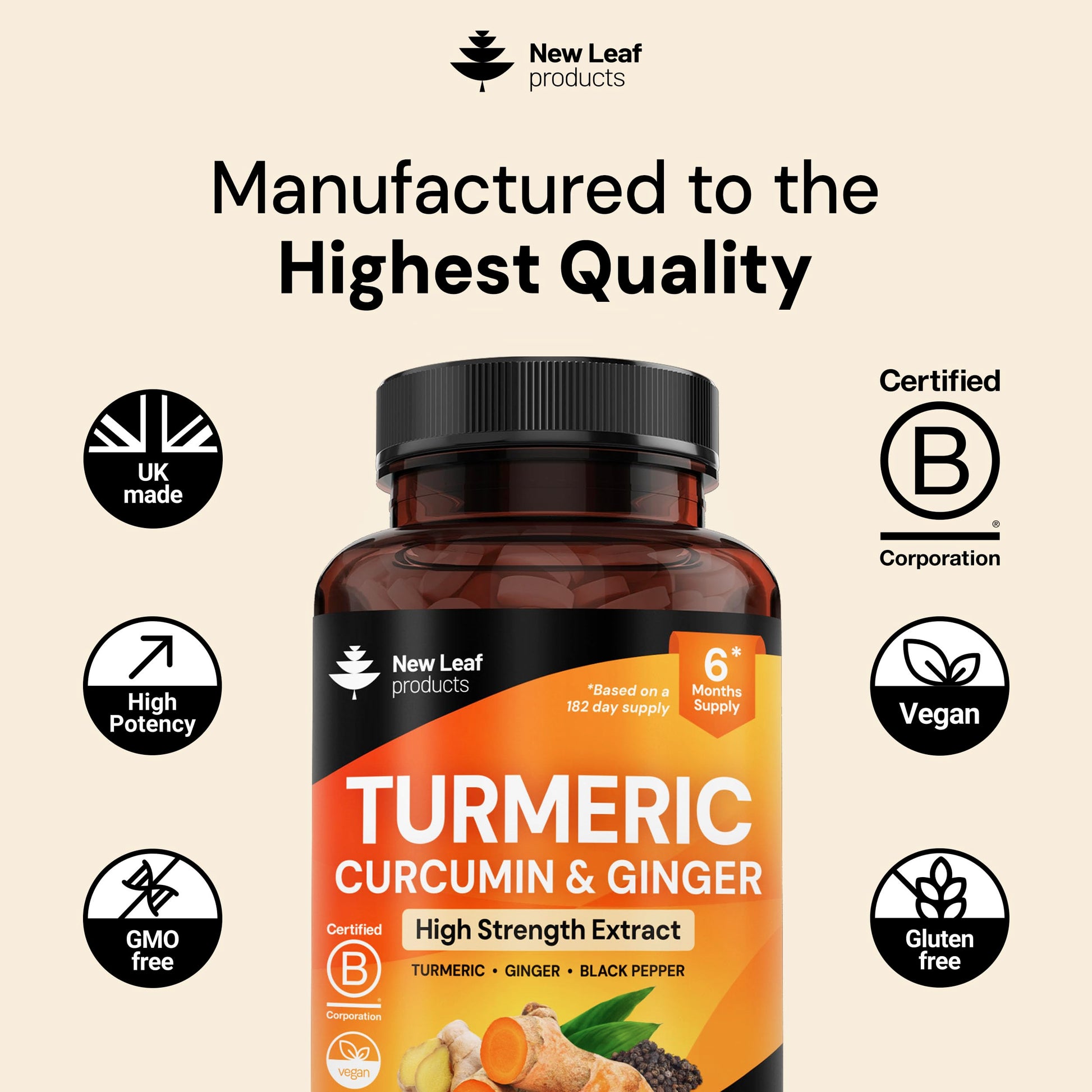 Side angle view of New Leaf non GMO gluten free turmeric tablets 180 count bottle showing premium quality seals